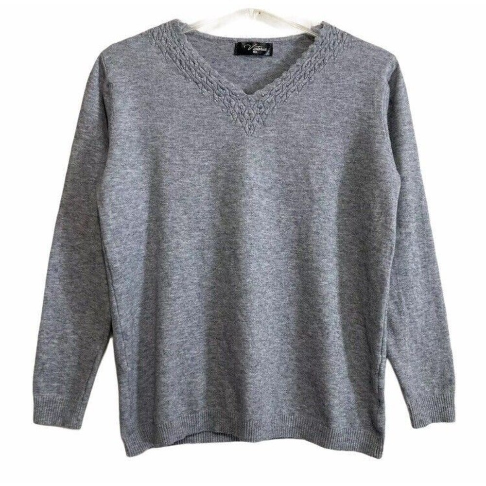 Victoria Knit Sweater Top Women’s Size Medium Gray V-Neck Long Sleeve Stretch
